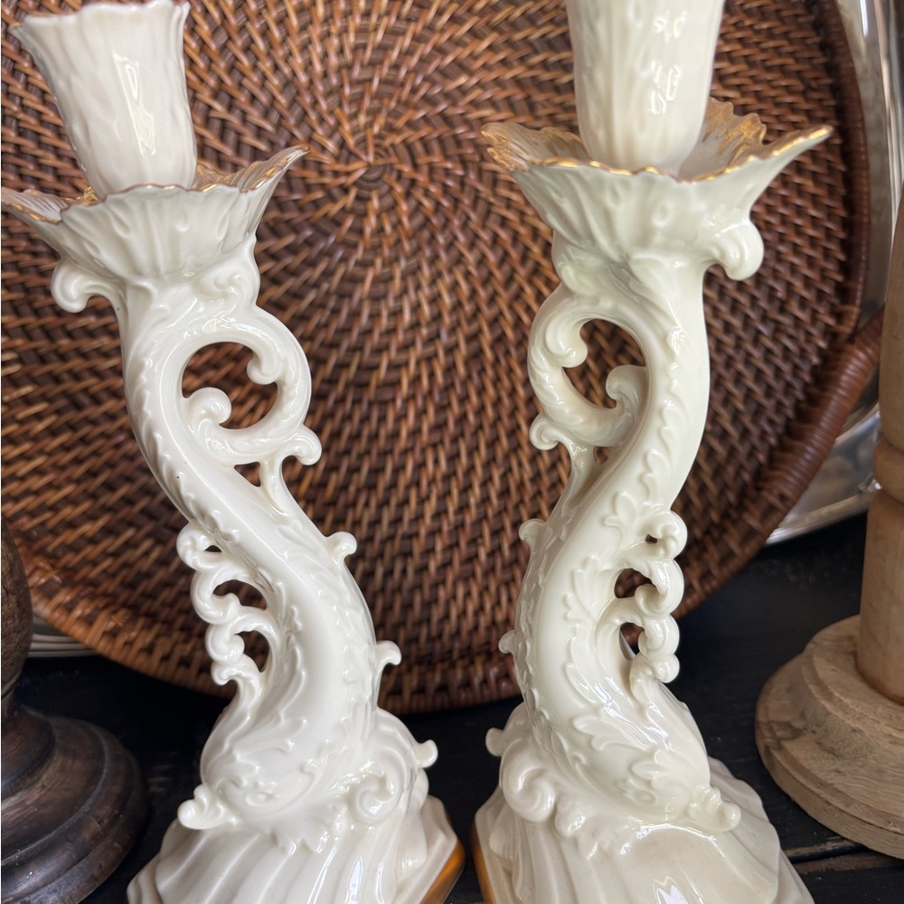 Lenox Cream Porcelain Dolphin Candlesticks with Gold Trim